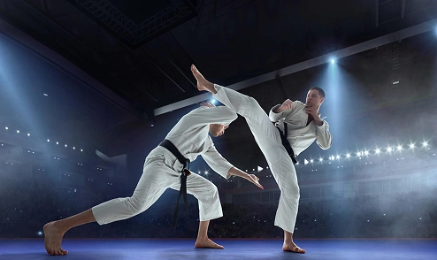 Two martial arts athletes performing an intense judo fight inside a professional sports arena.