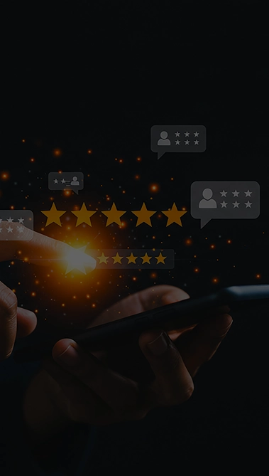 Smartphone user interacting with a digital five-star review system featuring glowing feedback icons and modern customer experience visuals.